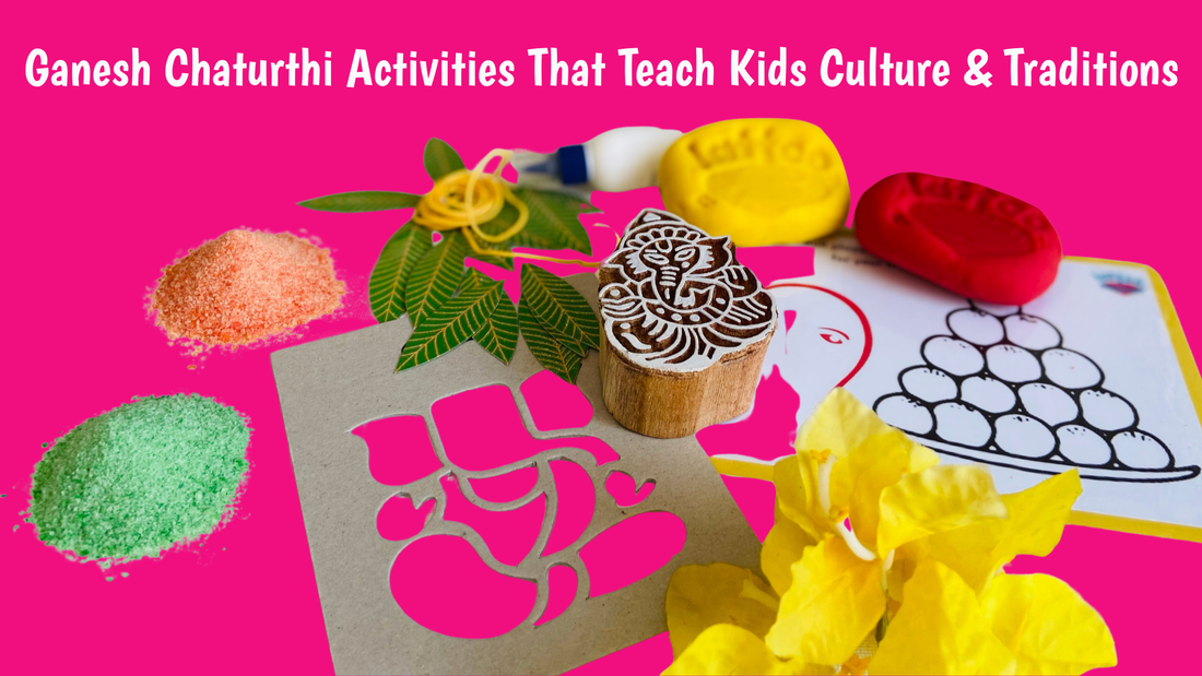 Children participating in Ganesh Chaturthi activities, including crafting Ganesha idols, making rangoli, and celebrating with traditional decorations, learning about Indian culture and festival traditions.