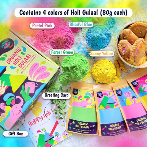Organic Herbal Holi gulaal 4 colors; Lab-tested, Non-toxic, Taste-safe | Washable | Gift Set | Eco-friendly
