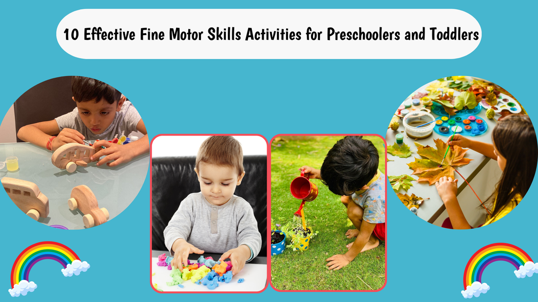 Preschoolers and toddlers engaging in fine motor skills activities like finger painting, threading beads, using playdough, and cutting with safety scissors in a playful, colorful environment