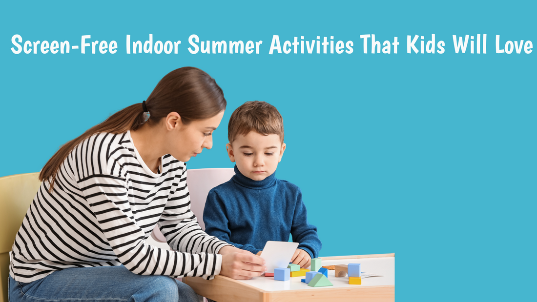 Child enjoying a screen-free indoor summer activity with sensory play materials on a play mat.