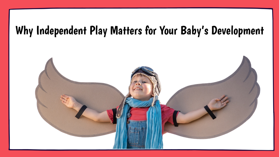 A smiling baby playing independently with colorful toys, developing motor skills and learning through self-play.