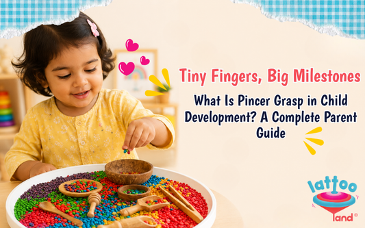 Young child using a pincer grasp to pick up sensory rice during a fine motor skills activity, demonstrating an important child development milestone.