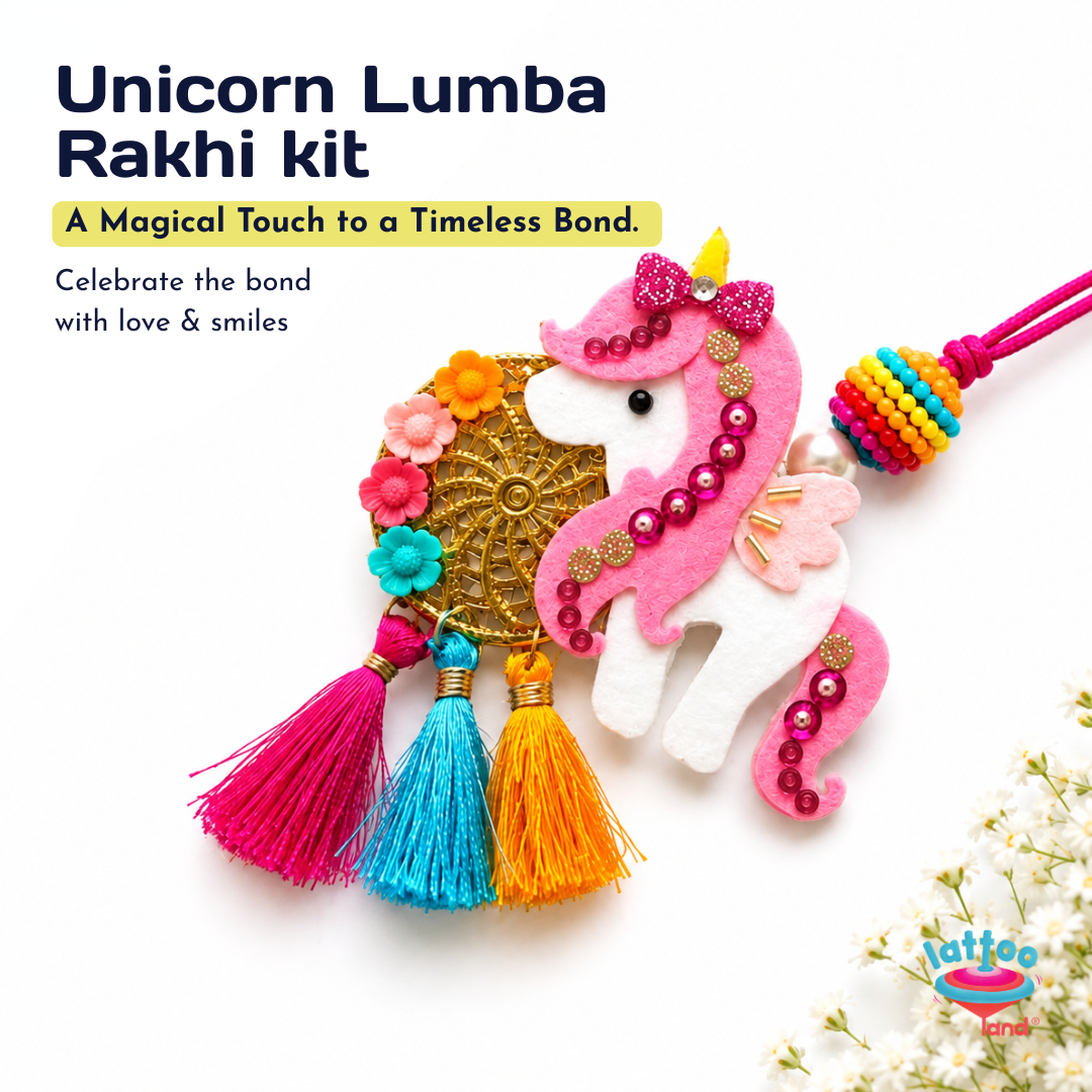 Unicorn Lumba Rakhi kit featuring a felt unicorn charm with pink and white body, colorful tassels, and a beaded cord, displayed on a clean white background with promotional text.