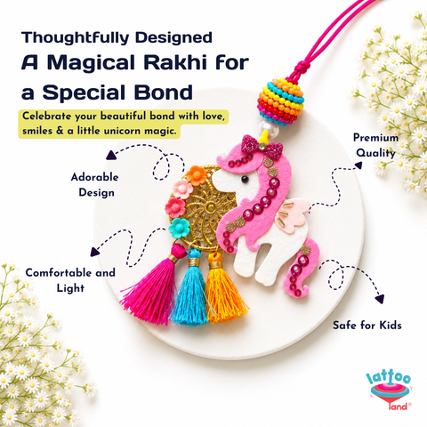 A colorful handmade unicorn-shaped Rakhi with tassels and bead details, displayed on a white plate with promotional text and decorative flowers around it.