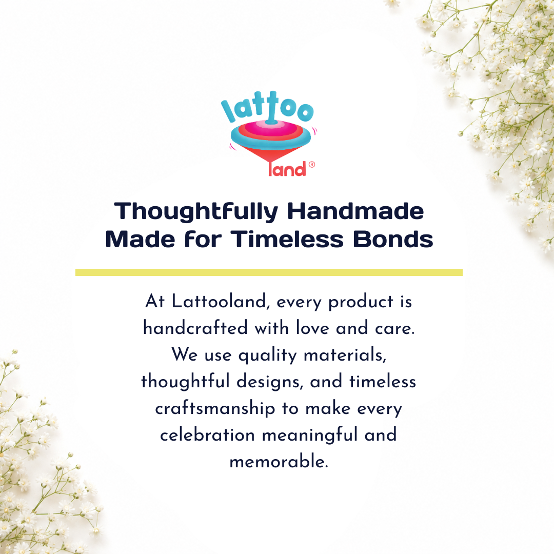 A promotional graphic for Lattoo Land featuring the brand logo at the top and a block of text in the center, framed by delicate white flowers in the corners on a white background.