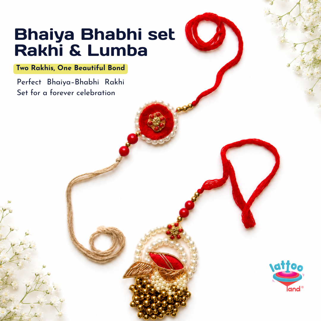 Bhaiya Bhabhi set Rakhi & Lumba featuring two traditional Indian thread waistlets with red, gold, and white beadwork, twine, and decorative elements, displayed on a white background with text and a 'latooinland' logo.