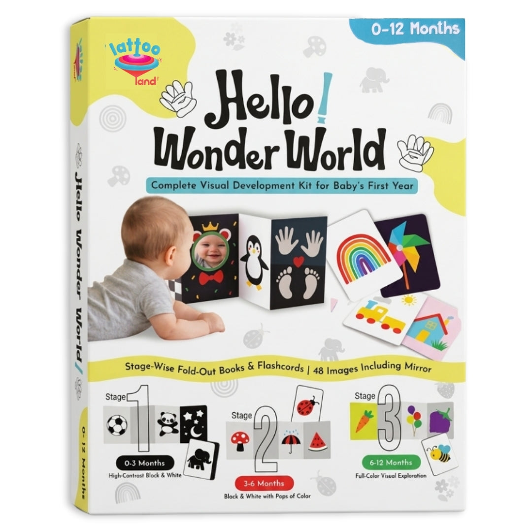 Hello Wonder High Contrast Flash Cards for Babies & Infants 0–12 Months | Black & White Visual Stimulation Sensory Cards with Baby - Safe Mirror | Newborn Tummy Time Toy | Baby Shower Gifts