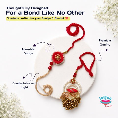 A red and gold beaded Rakhi with pearl accents is displayed on a white circular mat against a white background, surrounded by decorative white flowers. Text overlays describe the product features, and the 'lattoo land' brand logo is visible in the bottom right corner.