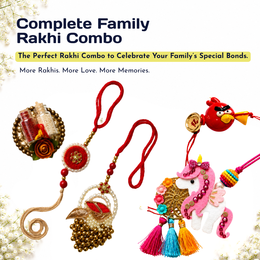 A promotional graphic for a 'Complete Family Rakhi Combo' featuring four distinct traditional Indian Rakhi accessories: a beaded gold and red Rakhi, a pearl and red Rakhi with a gold leaf pendant, a red Rakhi with a small red bird charm, and a pink and white embroidered Rakhi with tassels and beads. The products are arranged on a clean white background with decorative white flowers in the corners and promotional text at the top.