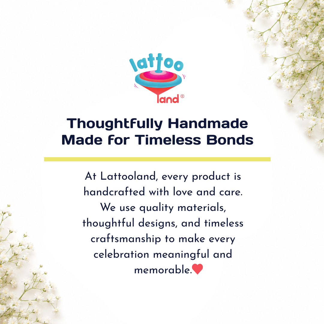 A promotional graphic for Lattoo Land featuring the brand logo at the top and a block of text in the center that reads, 'Thoughtfully Handmade Made for Timeless Bonds' and a short paragraph about handcrafted celebration products. The design has a white background with decorative white flowers in the corners.