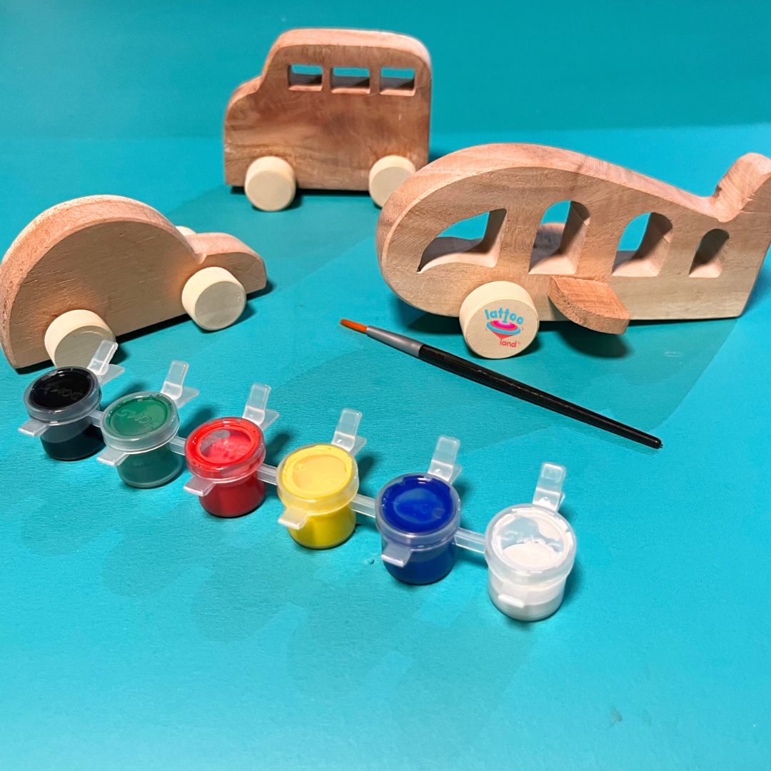Wooden Toy car, wooden toy bus ,wooden toy aeroplane, paints