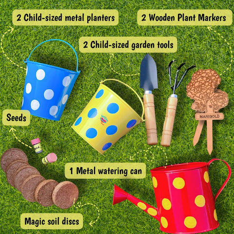 Little Gardener's Kit | Child-sized planters, watering can, tools, seeds, soil