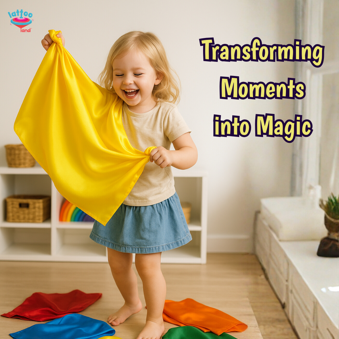 Child playing with colorful scarves in a room with text 'Transforming Moments into Magic'.