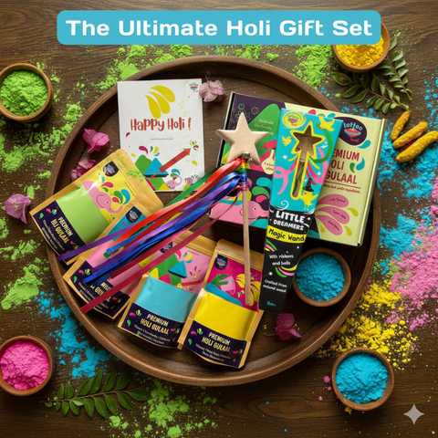 Holi gift set with colorful powders and items on a wooden tray