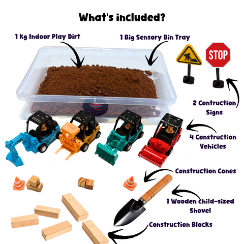 Play Dirt Construction Set for Kids | Sensory Bin Construction Activity Box | Indoor Play Dirt Kit with Excavator, Bulldozer & Tools | Birthday Gift for Ages 3-8