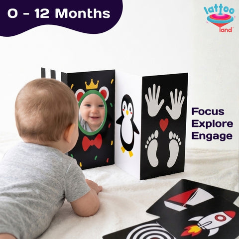 Hello Wonder High Contrast Flash Cards for Babies & Infants 0–12 Months | Black & White Visual Stimulation Sensory Cards with Baby - Safe Mirror | Newborn Tummy Time Toy | Baby Shower Gifts