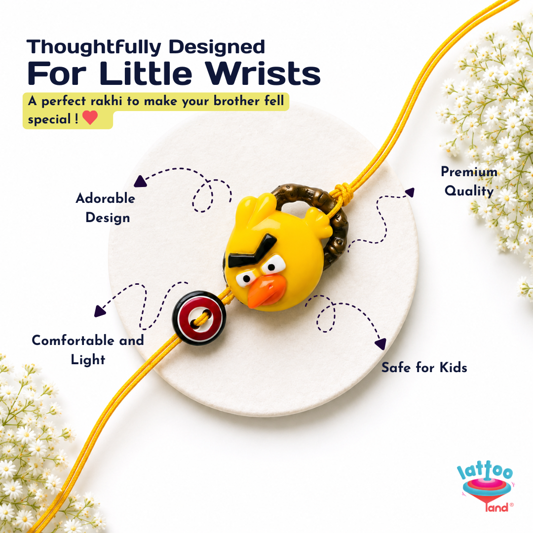 A yellow rakhi bracelet with a cartoon duck charm and a red circular accent, displayed on a white circular plate with decorative white flowers and marketing text. The brand logo 'Lattoos Land' appears in the bottom right corner.