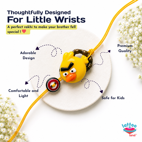 A yellow rakhi bracelet with a cartoon duck charm and a red circular accent, displayed on a white circular plate with decorative white flowers and marketing text. The brand logo 'Lattoos Land' appears in the bottom right corner.