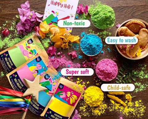 Natural Skin-Safe Gulaal with Wooden Wand for Kids | Holi Gift Hamper for Kids |Non-Toxic Holi Colors | Safe & Fun Holi Gift