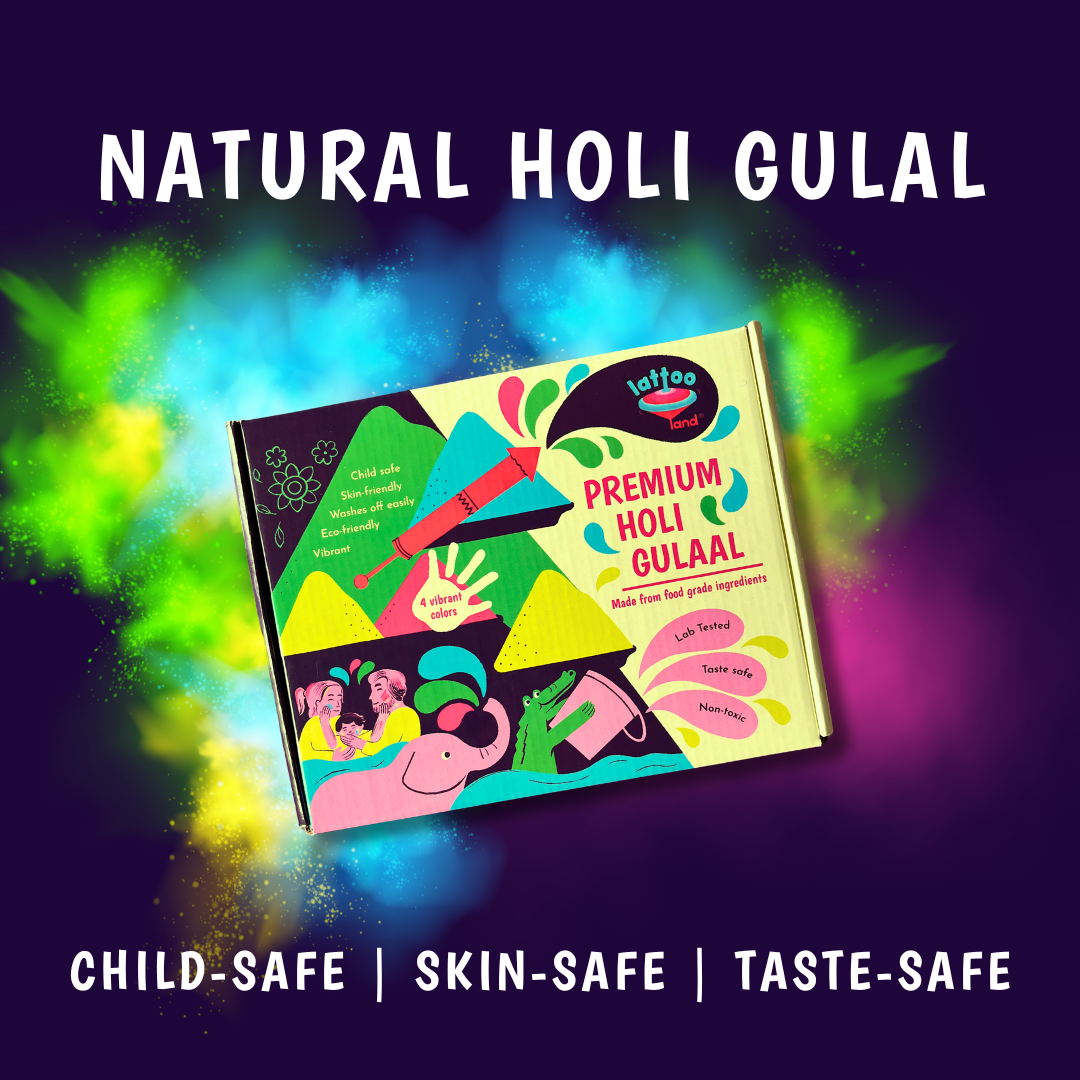  Premium Holi Gulaal packaging for kids with colorful design on a dark background