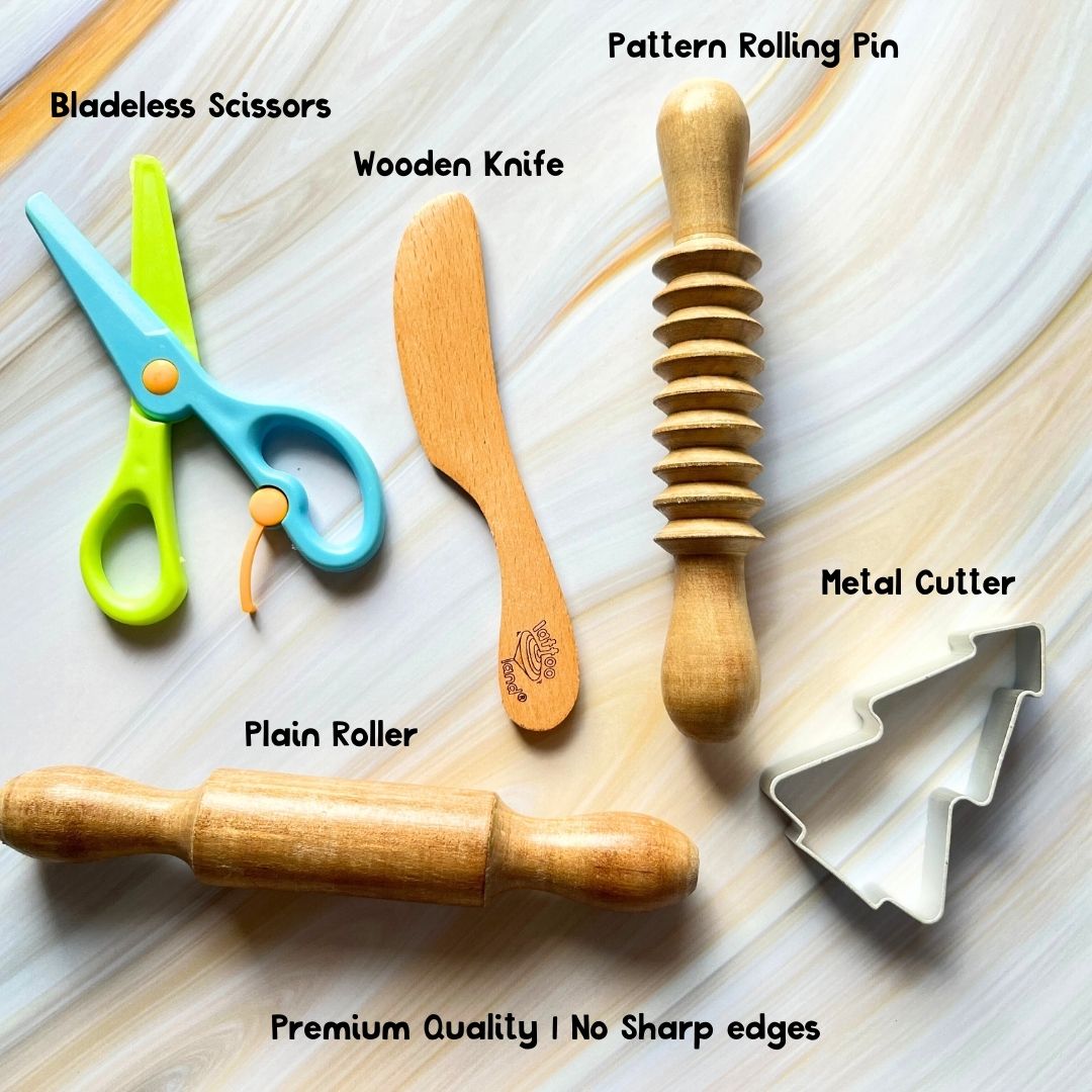 Creative dough tools for children, featuring wooden accessories and Montessori-friendly play dough accessories. play dough accessories with clay rolling pin, child scissors, cutter, child knife