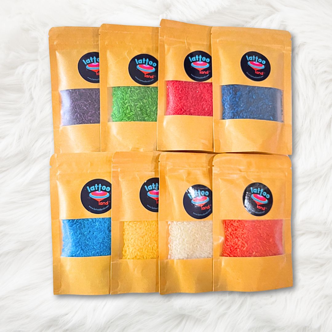 Set of 8 Colored Sensory Rice Toy for Kids, featuring vibrant, multi-colored rice totaling 500g, perfect for sensory play activities that stimulate creativity and tactile exploration