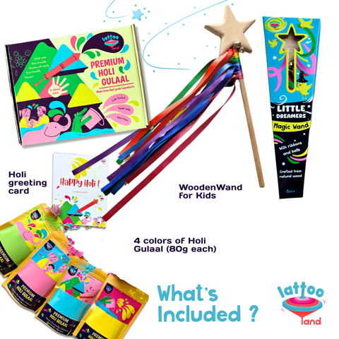 Colorful Holi kit with wooden wand, gulaal packets, and greeting card on a white background.