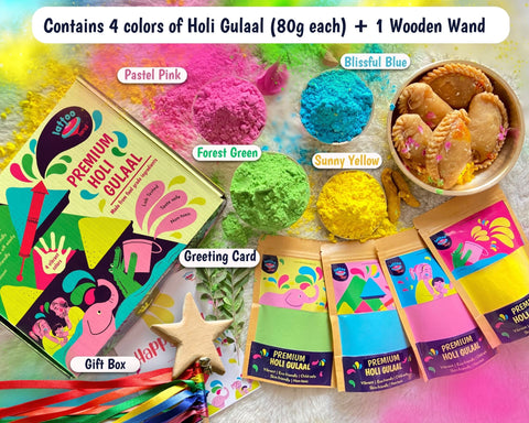Natural Skin-Safe Gulaal with Wooden Wand for Kids | Holi Gift Hamper for Kids |Non-Toxic Holi Colors | Safe & Fun Holi Gift