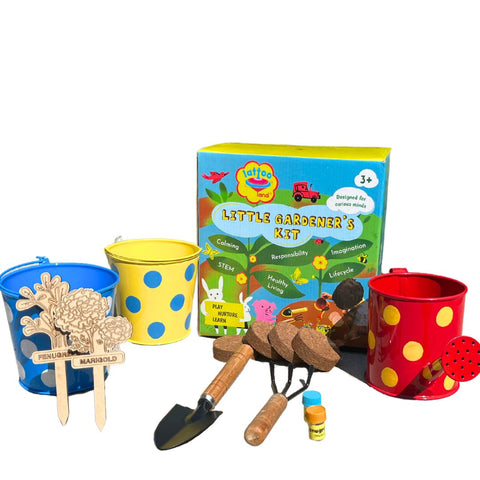 Child gardening set -2 metal pot, a metal watering can, soil discs, seeds, plant markers. Colorful gardening set for kids, including tools for digging, planting, and watering.