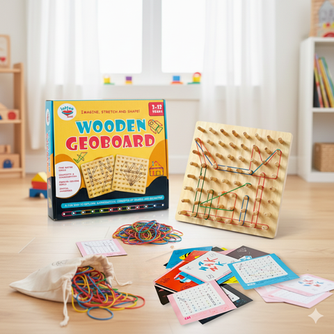 Wooden geoboard with packaging and accessories on a wooden surface