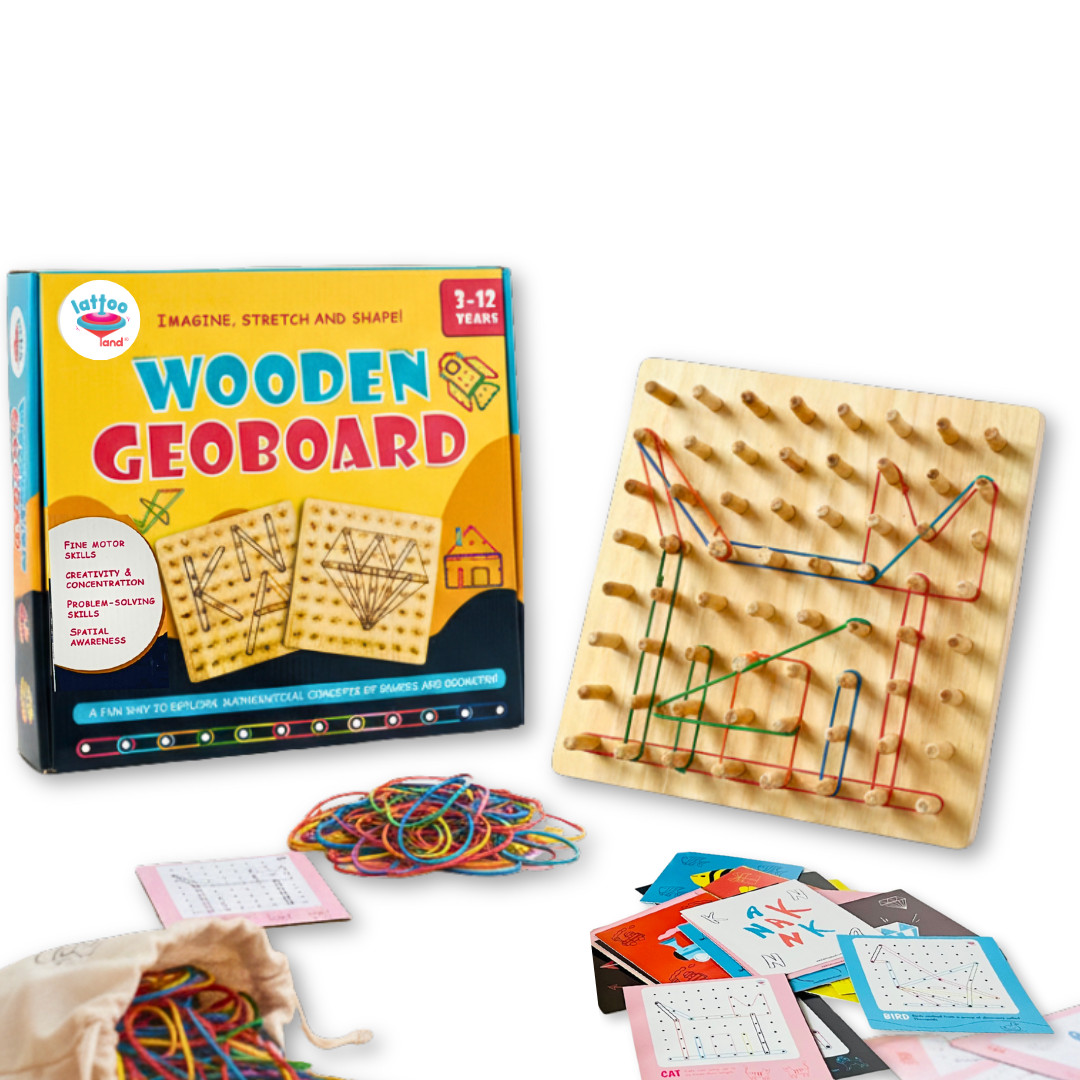 Wooden geoboard with packaging and accessories on a white background