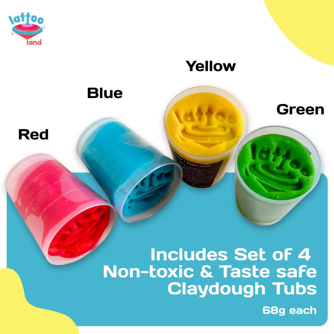 Set of four non-toxic claydough tubs in red, blue, yellow, and green with 'lattooland' branding 