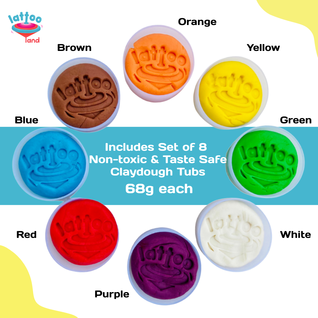Set of 8 non-toxic clay dough tubs with 'Lattooland' branding 