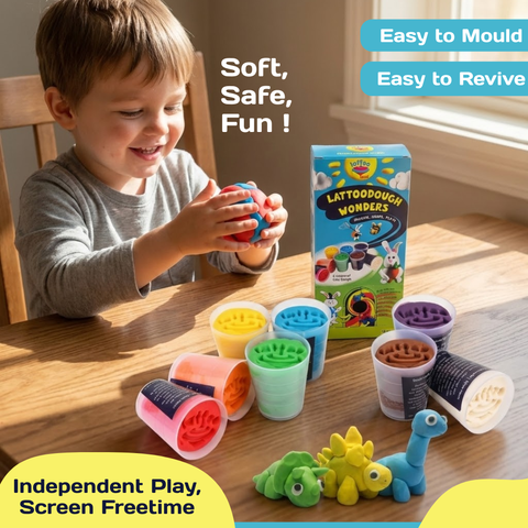 Child playing with colorful play dough on a table, with Lattodough Wonders packaging in the background. Bright and colorful multi-color dough set for kids, ideal for sensory play and creative activities