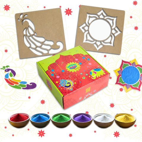 Set of 6 Organic Rangoli Powder with 2 Wooden Stencils | DIY activity