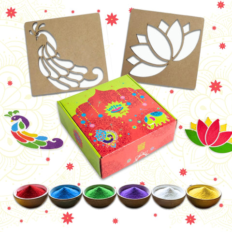Set of 6 Organic Rangoli Powder with 2 Wooden Stencils | DIY activity
