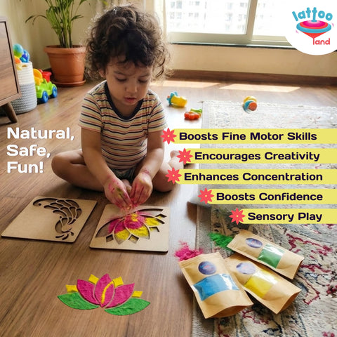 Set of 6 Organic Rangoli Powder with 2 Wooden Stencils | DIY activity
