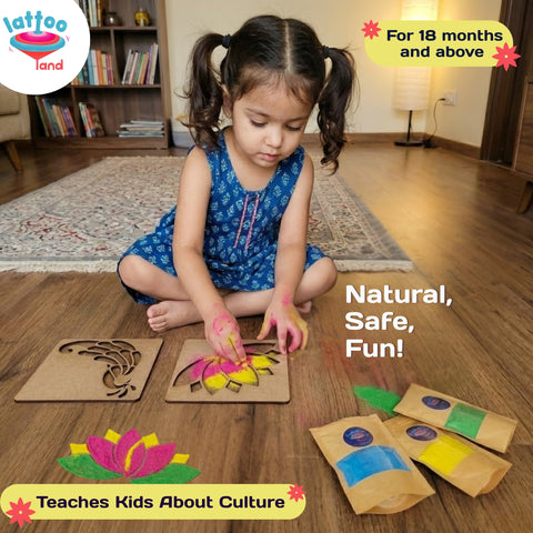 Set of 6 Organic Rangoli Powder with 2 Wooden Stencils | DIY activity