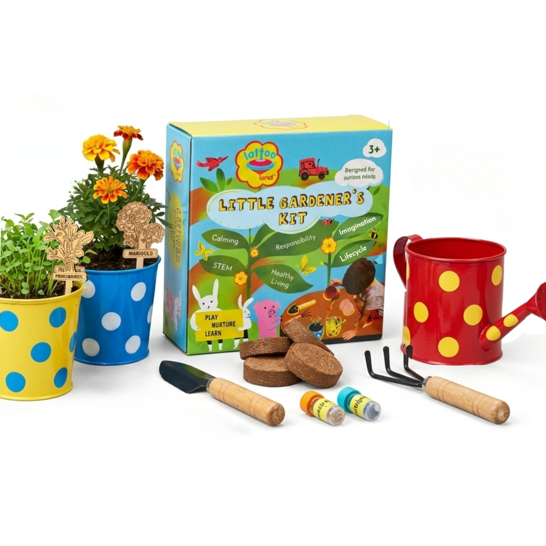 Children's gardening kit with tools, plants, watering can, seeds, kids shovel and a box labeled 'Little Gardener's Kit' on a white background.