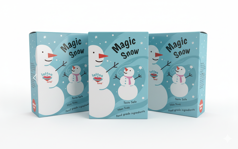 Three packages of 'Magic Snow' with snowmen on a white background
