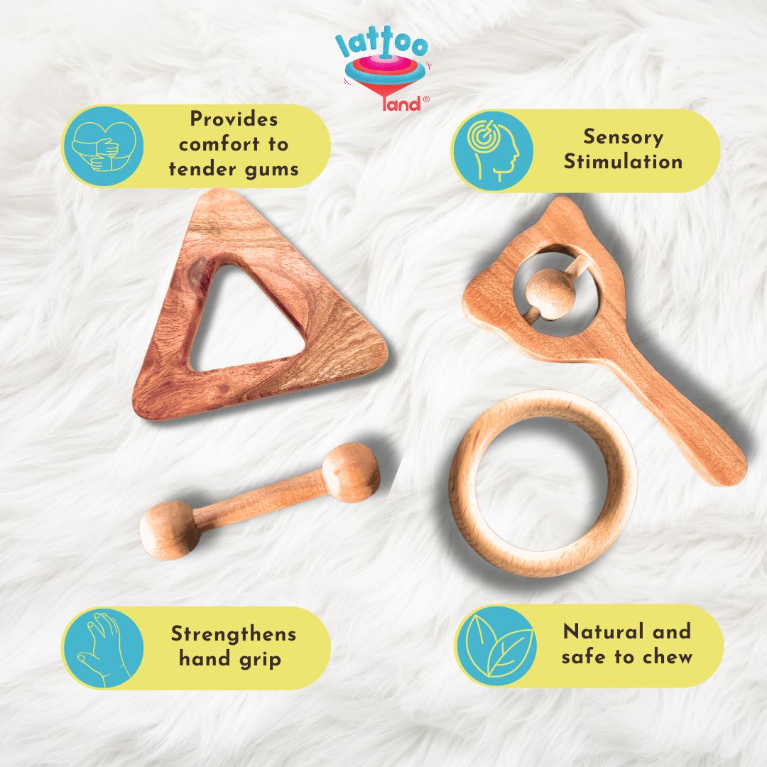 A wooden baby teether soother, carefully crafted to provide gentle and natural teething relief for infants. Gum soothers for baby set of 4 wooden teether ring dumbell shape rattle