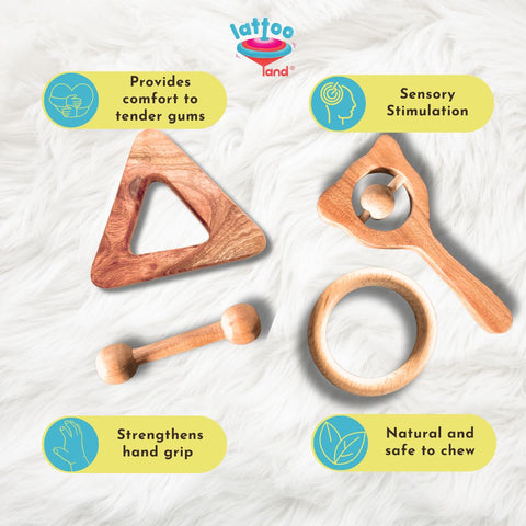 A wooden baby teether soother, carefully crafted to provide gentle and natural teething relief for infants. Gum soothers for baby set of 4 wooden teether ring dumbell shape rattle