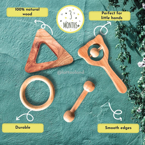 Close-up view of a natural wooden teething ring, made with non-toxic materials for safe baby chewing. Wooden Teether Neem soothers for baby mouthing