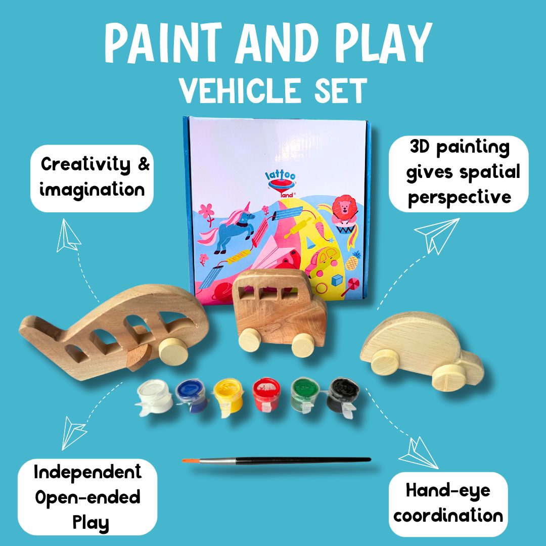 Paint and Play Vehicle Set | Wooden Car, Bus, Aeroplane & Paints | 3D painting