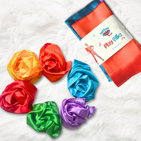 Best Sensory Play Silk Set Scarves for Kids, featuring vibrant rainbow play silks designed for open-ended play, encouraging creativity, sensory exploration, and imaginative activities.