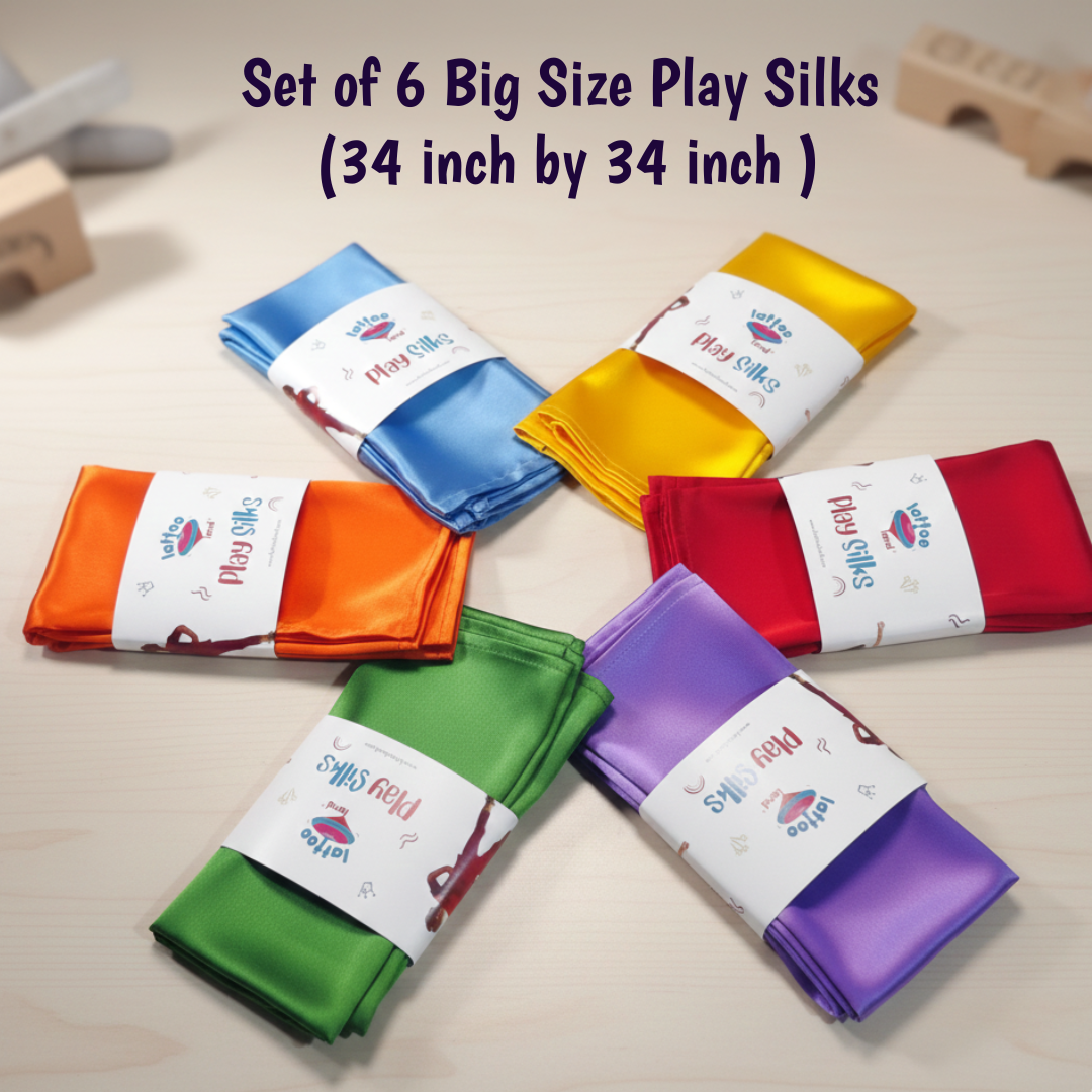 Set of 6 colorful play silks on a light wooden surface. Soft sensory PlaySilk fabric for toddlers and kids, perfect for interactive play. Play silk big size for kids montessori best DIY