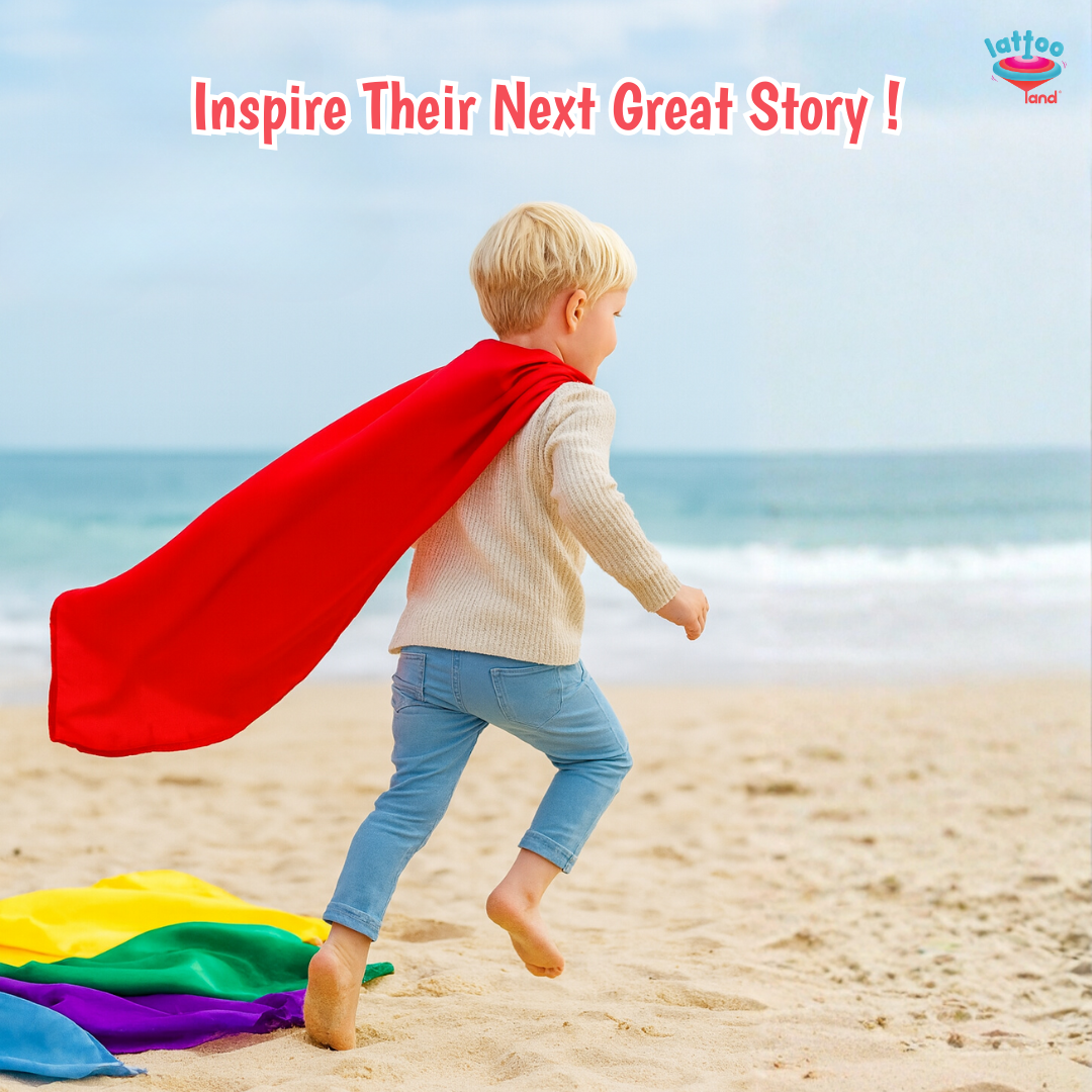 Child in a red cape running on a beach with text 'Inspire Their Next Great Story!' and a logo.