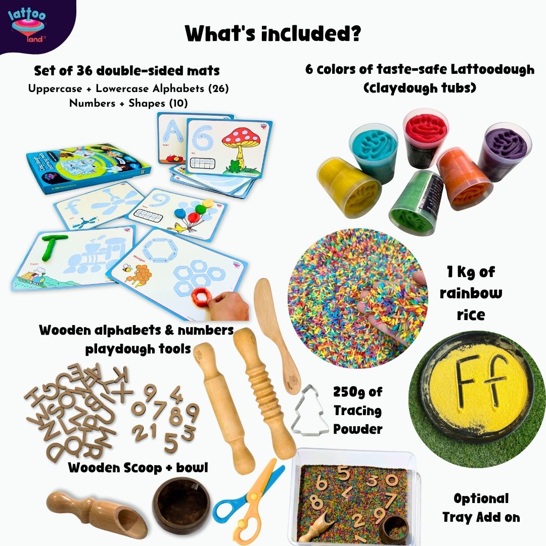 Educational playset with mats, playdough, rice, and tools for learning.
