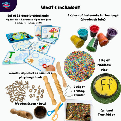 Educational playset with mats, playdough, rice, and tools for learning.