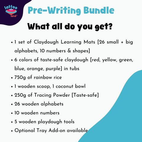 Pre-Writing Bundle description with Claydough Learning Mats and other educational materials on a white background.